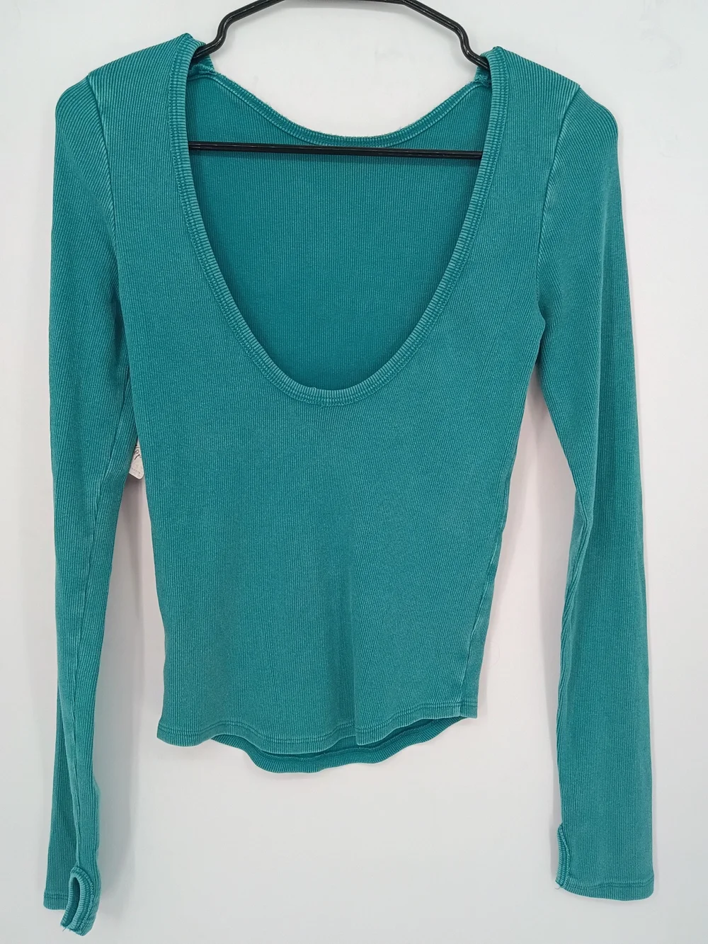 Free People Teal Ribbed Long-Sleeve Crew Top Thumbholes Scoop Back Small